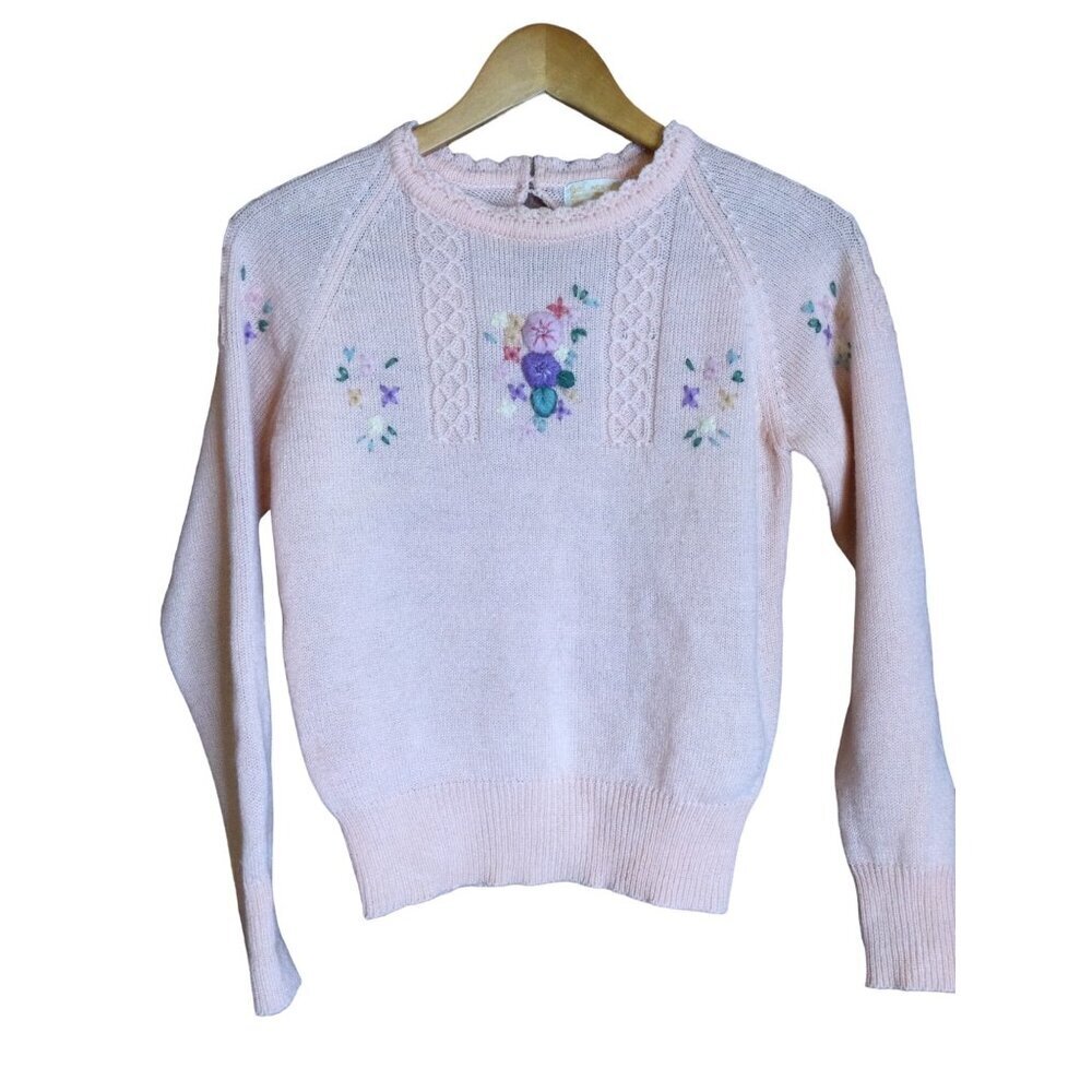 Vintage Womens Embroidered Floral Knit Sweater Long Sleeve Grandma Size M